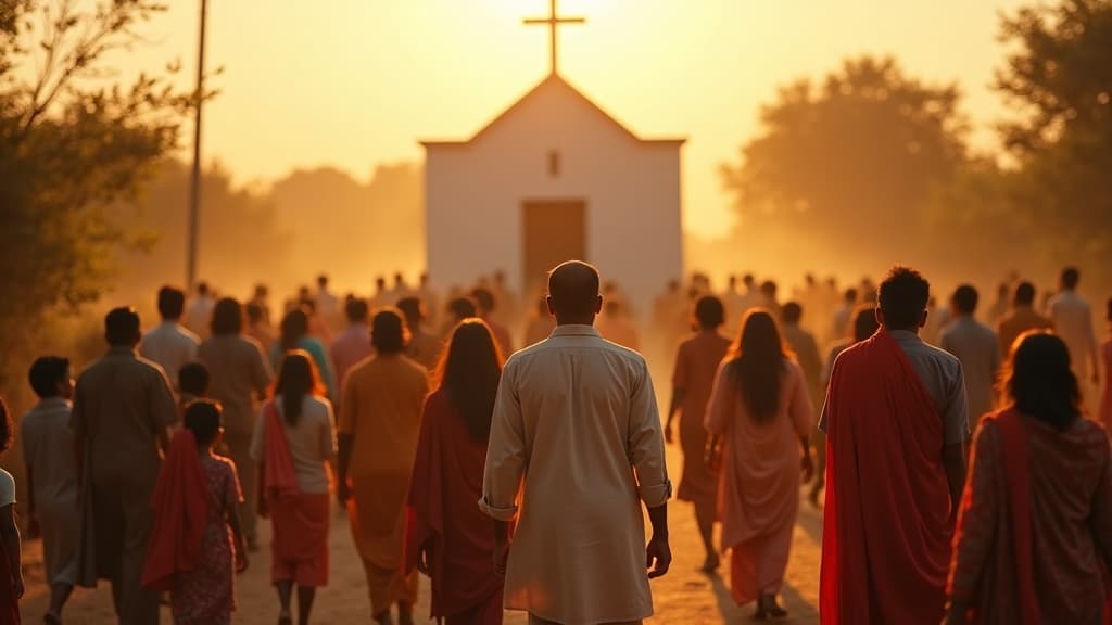 Congregation walking toward a village church at golden hour