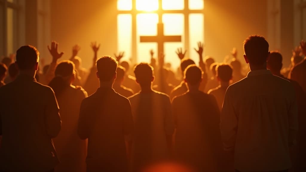 Congregation worshipping in golden light